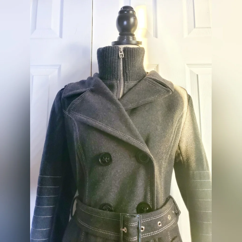 Miss Sixty Gray Wool Blend Belted Womens Coat With Ribbed Bib Collar - Picture 4 of 15